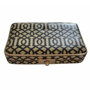 J McLaughlin Box Clutch Purse Handbag Lock EUC Tan Brown Geometric Gold Tone